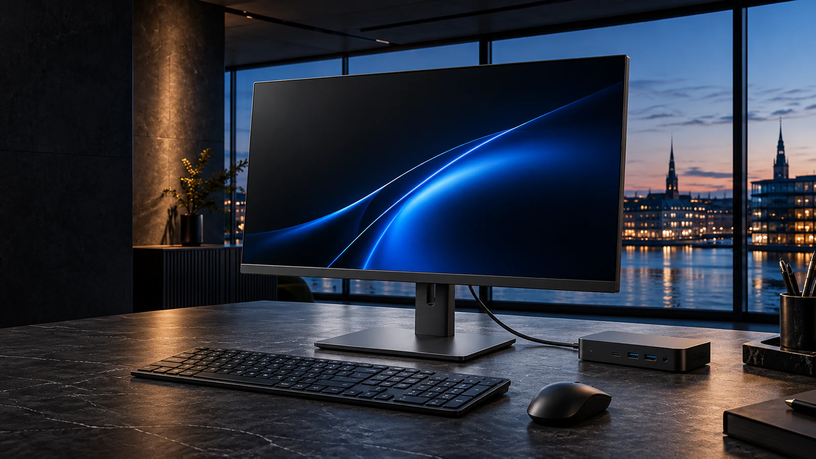 Bredformatskærm med tastatur og en dockingstation